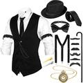 1920s Men's Costume Accessories Set, Gangster Vest Hat Suspenders 20s Outfit Clothing for Men 1920s (Black,Medium)