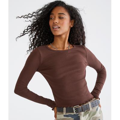 Aeropostale Womens' Long Sleeve Ribbed Cropped Shrunken Tee - Dark Brown - Size XXL - Cotton