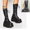 Punk Frauen Plattform Stiefel Elastische Mikrofaser Chunky Heel Mid-kalb Damen Stiefel 2025, Frühling Herbst Marke Schwarz Goth Frauen schuhe
