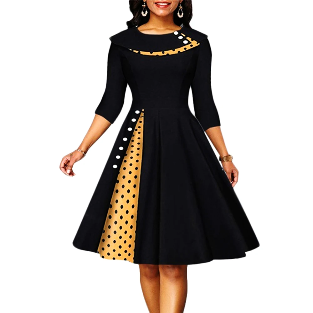 Vintage Kleid für Frauen Rockabilly Polka Dot Print Sexy Patchwork Langarm Hohe Taille Schaukel Casual Party Midi Vestidos Robe
