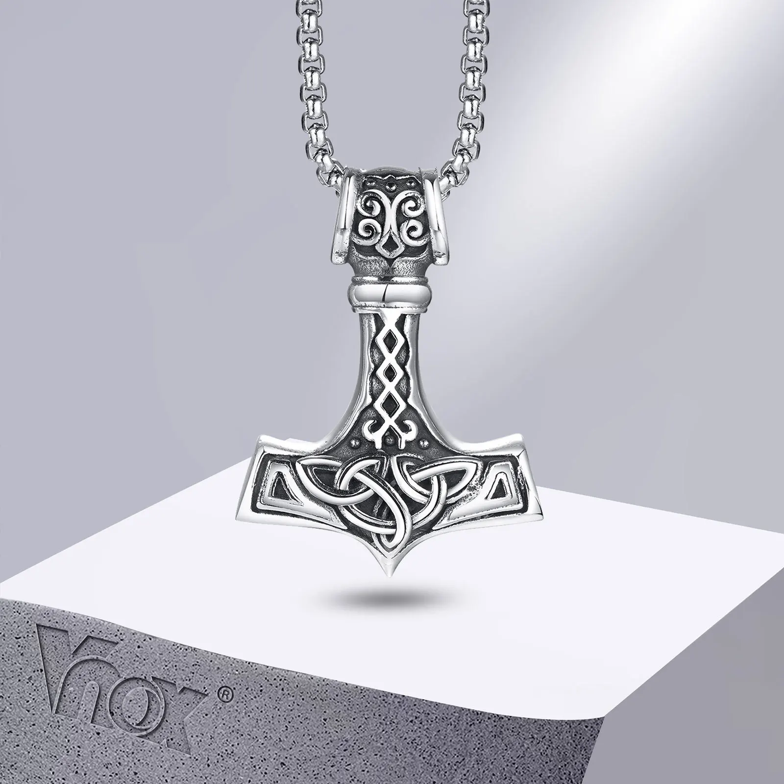 Vnox Vintage Herren nordische Wikinger-Halsketten, Rock Punk Retro Thor Mjolnir Hammer Anhänger, skandinavisches nordisches Amulett Runen-Halsschmuck Image