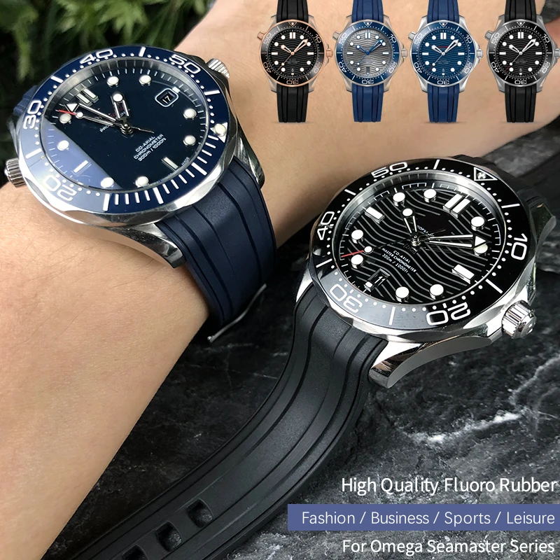 20 mm 21 mm 19 mm hochwertiges Fluorkautschuk-Silikon-Uhrenarmband, passend für Omega New Seamaster 300, schwarz, blau, weiches Armband Image