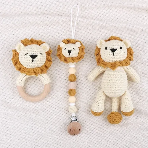 BPA FREI Häkeln Lion Baby Beißring kawaii Stofftier Puppe Buche Holz Neugeborenen Beißring Ring