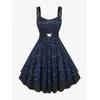ROSEGAL Plus Größe Vintage Floral Spitze Jacquard Schnallen Trägern Kleid Mit Gürtel Tief Blau Mode Party Urlaub Kleider Vestidos