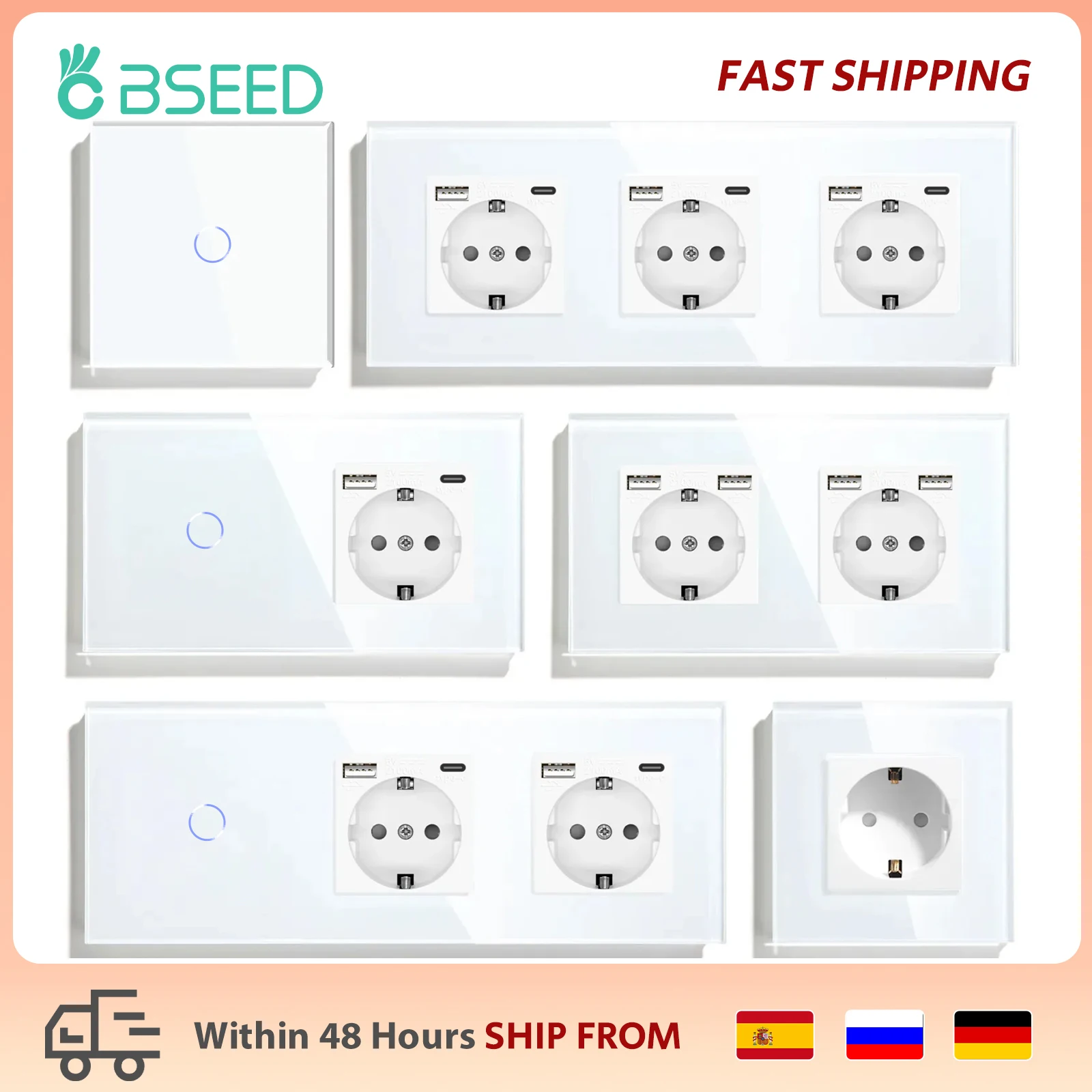 BSEED EU Standard USB Single Socket Touch Schalter 1Gang 1Way White Crystal Sensor Wand Licht Schalter Power Doppel Steckdosen Image