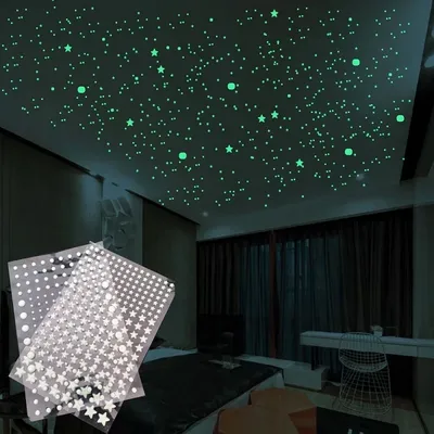 Leuchtender 3D-Wandaufkleber mit Sternen und Punkten für Kinderzimmer, Schlafzimmer, Heimdekoration, leuchtet im Dunkeln, Mond-Aufkleber, fluoreszierende DIY-Aufkleber Image