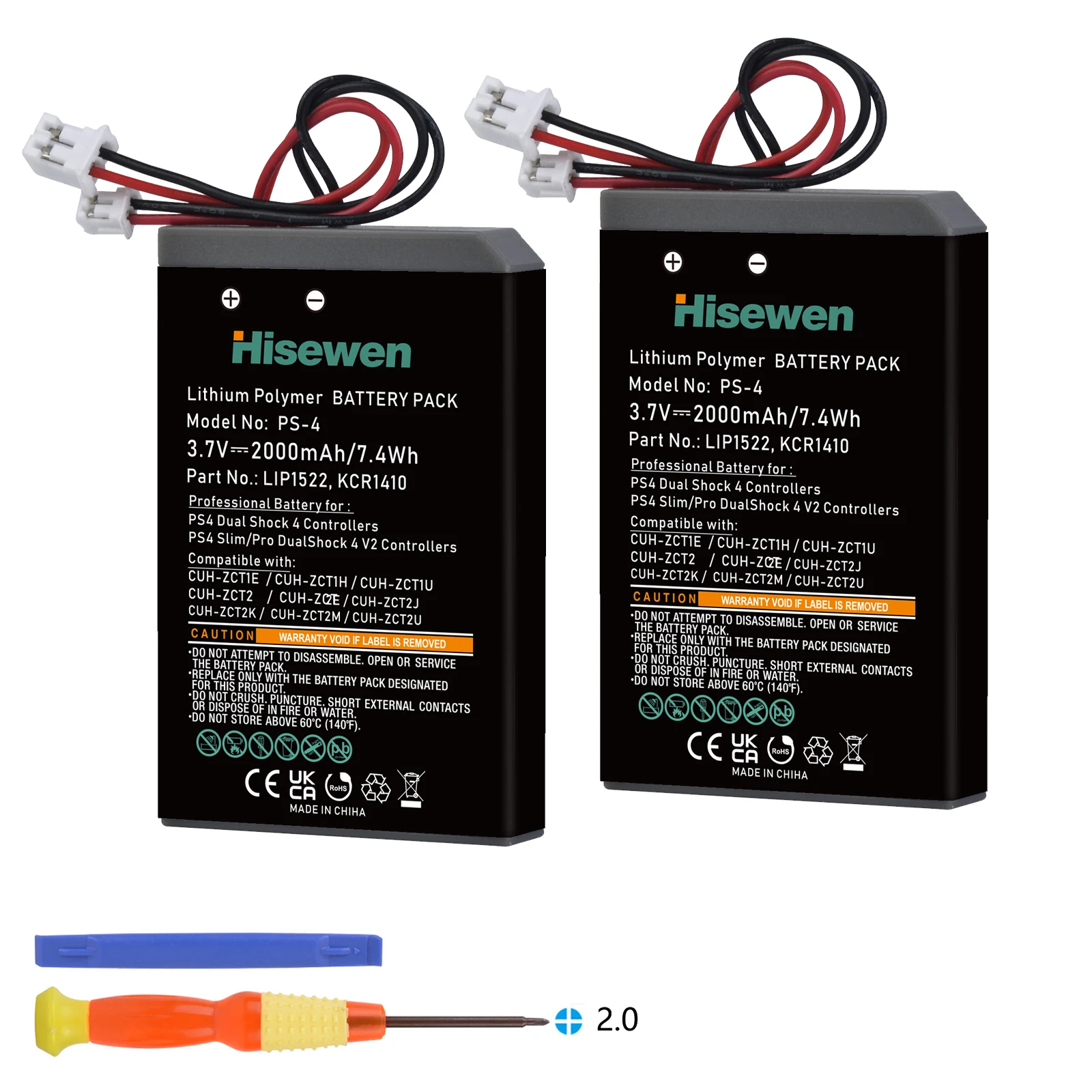 Hisewen 2000 mAh PS4 PS4Pro Akku Ersatz für Sony Playstation 4 Dualshock 4 V1 V2 Controller CUH-ZCT2 CUH-ZCT2E CUH-ZCT1E Image
