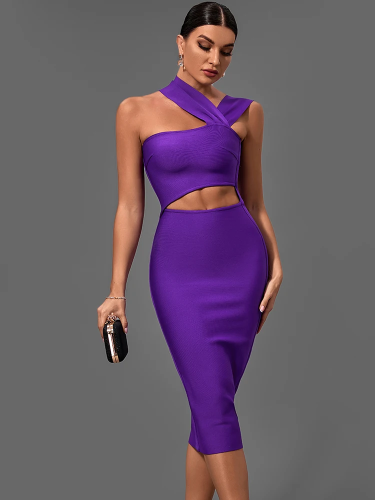 Bandage Kleider für Frauen 2022 Lila Bodycon Kleid Abend Party Elegante Sexy Cut Out Midi Geburtstag Club Outfit Sommer Neue