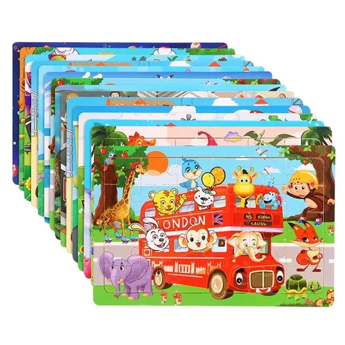 Neue 30 Stück Holz puzzles Cartoon Tier Verkehr Tangram Holz 3d Puzzle Montessori Lernspiel zeug für