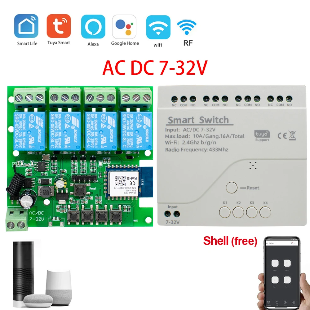 Tuya Smart Wifi Motor Schalter Modul 4CH 12V 32V 220V RF433 Empfänger Fernbedienung Tipp Relais für Alexa Google Hause Image