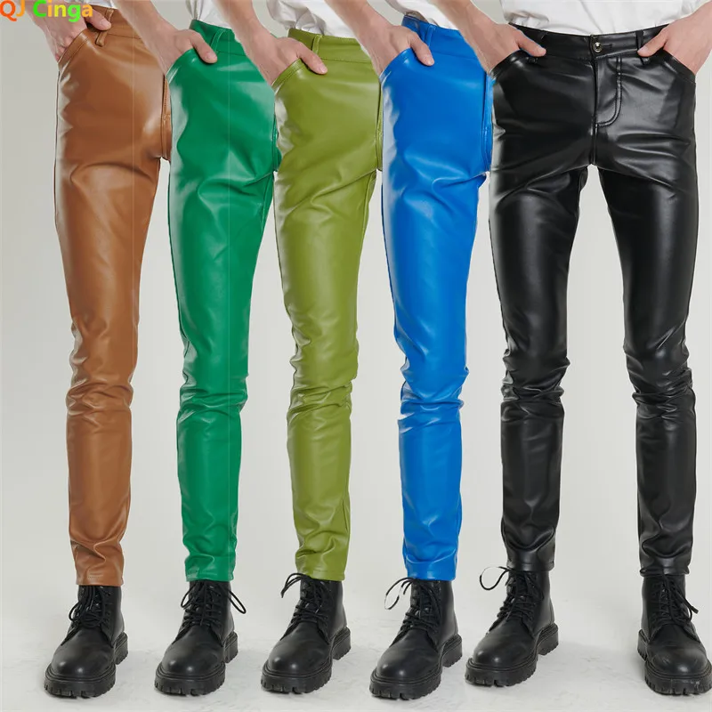 (16 Farben) Herren-Lederhose, modische schmale Stretch-PU-Hose, rot, blau, schwarz, grau, Herrenhose, asiatische Größen 28–36 38, 40