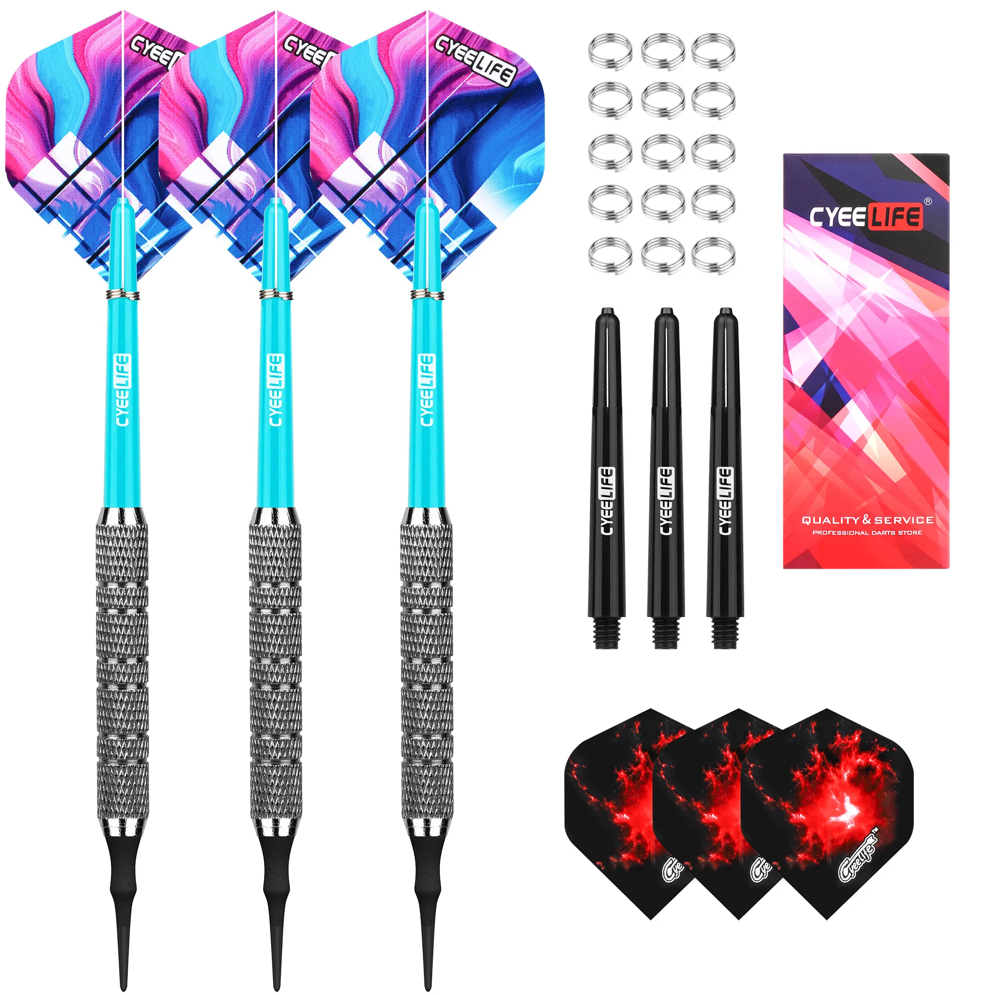 CyeeLife Soft Dartpfeile Softdarts 10/12/16/20 Gr. mit PVC Schäften + 30 Kunststoff Spitzen + 6 Flights + Ring aus Metall Image