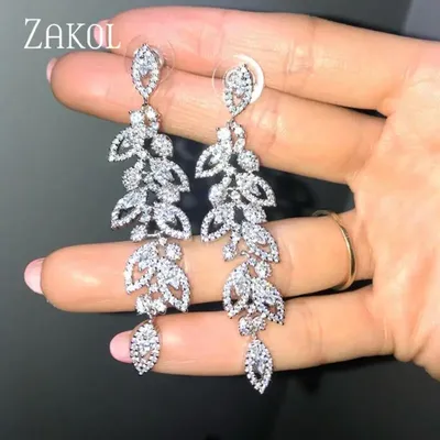 ZAKOL Mode CZ Blatt Lange Tropfen Braut Ohrringe für Elegante Frauen Luxus Marquise Zirkonia