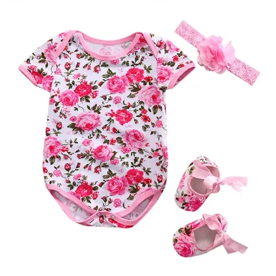 Sommer Neugeborenen Baby Mädchen Kleidung Floral Leopard Kurzarm Overall + Schuh + Haarband 3Pcs