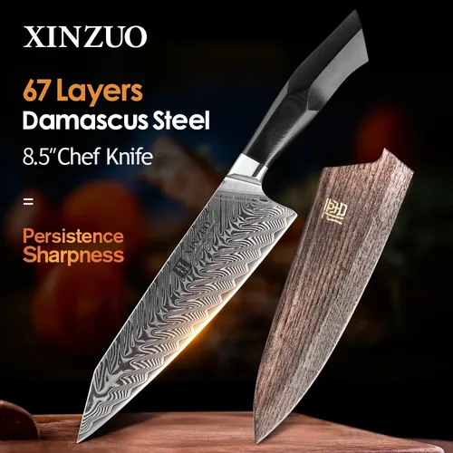 XINZUO 8.5 ''Zoll Kochmesser Damaskus Stahl Gemüse Fleisch Messer mit G10 + Mosaik Messing Niet