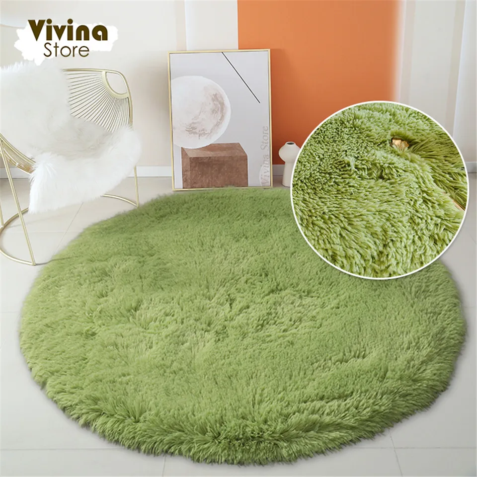 Runder Plüschteppich für Wohnzimmer, grüner zotteliger Teppich für Sofa, Stuhl, langes Haar, Bodenmatte, Badezimmer-Dekoration, Kinderteppich, flauschig
