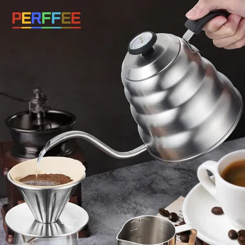 Kaffee Tropf Wasserkocher Topf mit Thermometer Edelstahl Dünne Mund Schwanenhals Kaffee Topf Gießen