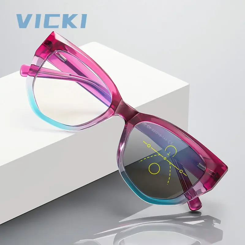 VICKI Cat Eye Photochrome Multifokus Lesebrille für Frauen Anti Blau Hyperopie Progressive Korrekturgläser Brillen Image