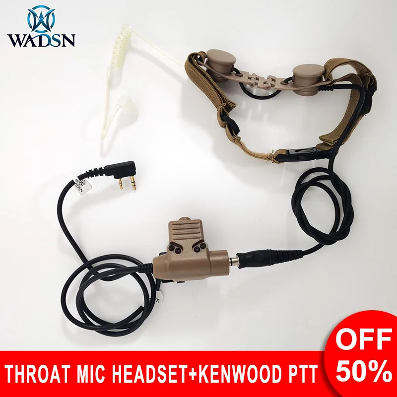 Wadsn Tactical Throat Mic Headset Taktischer Hals-Laryngeal-Mikrofon-Kopfhörer mit U94 PTT für Kenwood BaoFeng UV-5R UV-5X UV-82 Image