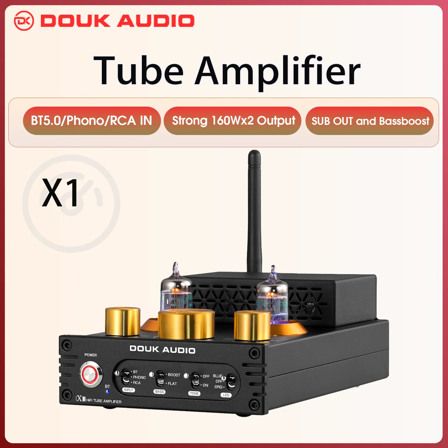 Douk Audio X1 HiFi JAN5725 Vakuumröhrenverstärker Bluetooth5.0 Empfänger MM Phono Amp für Home Plattenspieler Leistungsverstärker APTX-HD 160W*2 Image