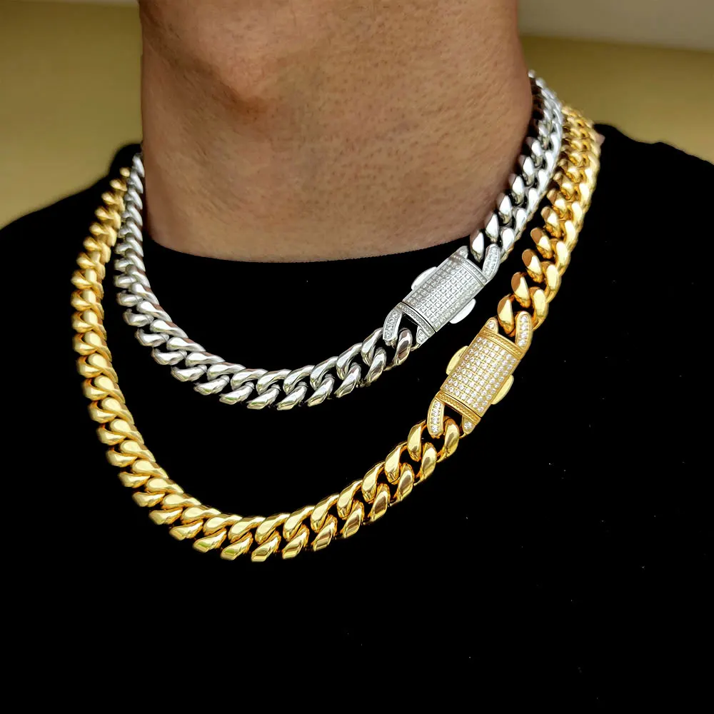 12mm Hip Hop Edelstahl Schmuck Homme Cadena Luxus Miami Cuban Link Kette Männer Rock-Rapper Halskette