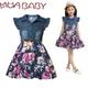 Sommer Denim Kleid Belted Über Knie Blumen Unten Mädchen Casual Kleid 6 8 10 12 Jahre Kinder