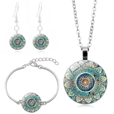 Ohrringe 1 Set Charme Mandala Kunst Ohrringe Halskette Om Symbol Zen Buddhismus für Frauen Ohrringe