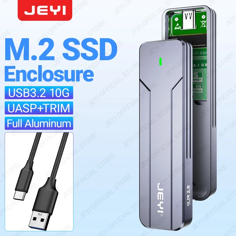 JEYI M.2 NVMe SATA SSD-Gehäuse, USB 3.2 Gen 2 10 Gbit/s oder 6 Gbit/s NGFF M-Key B-Key Externes Aluminium M.2-Gehäuse unterstützt Verkleidung UASP Image