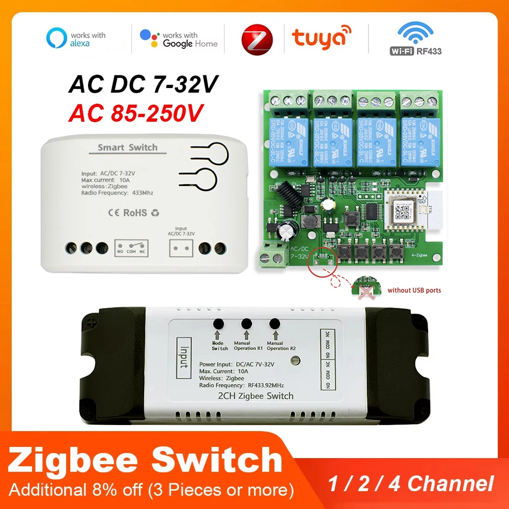 Zigbee Tuya Smart Relais Modul Auf Off Controller 1/2/4CH DC 12V 24V 7-32V AC 220V RF433Mhz Fernbedienung Licht Schalter Arbeit Mit Alexa,Zigbee-Hub erforderlich Image