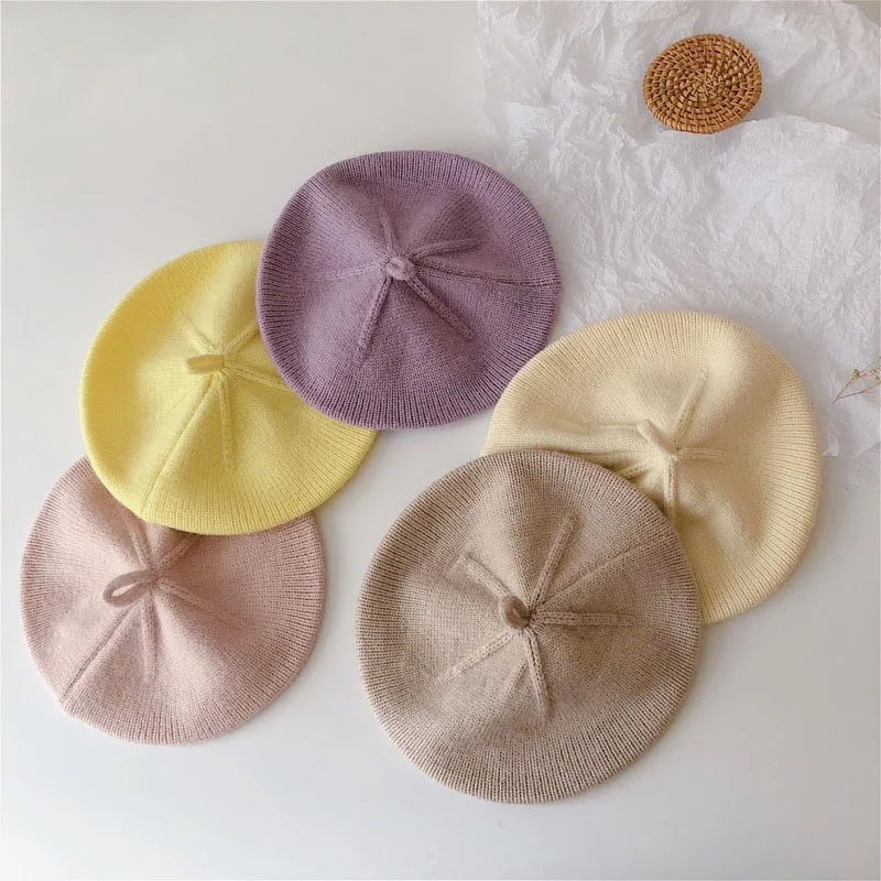Mode Baby Hut Einfarbig Mädchen Warme Mütze Vintage Gestrickte Mütze Hut Kinder Herbst Winter Kinder Künstler Maler Kappe Motorhaube Image