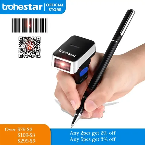 Trohestar Wireless Barcode scanner 2D Tragbare QR Code Ring Barcode Scanner Tragbare PDF Bar Code