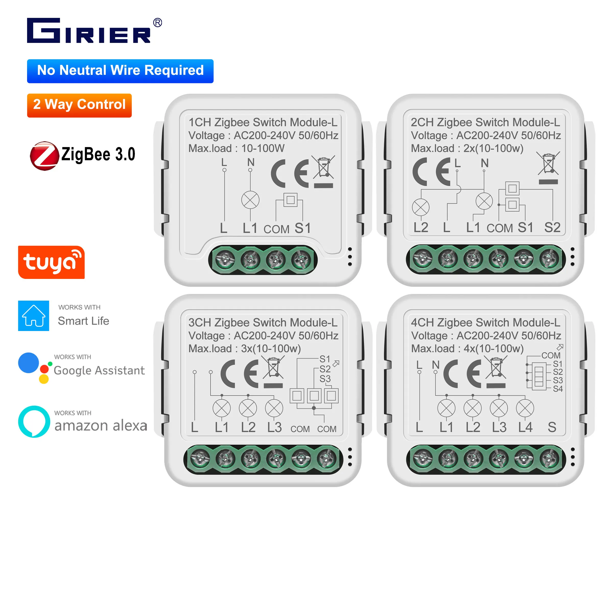 GIRIER Tuya ZigBee 3.0 Smart Switch Modul Kein Neutralleiter erforderlich Smart Home DIY Lichtbrecher Funktioniert mit Alexa Google Home Image