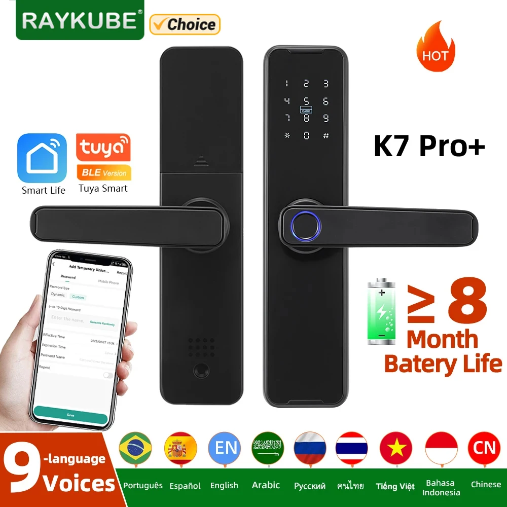 Raykube biometrischer finger abdruck türschloss k7 pro schwarz smart lock tuya app fernent riegel ung schlüssel loses schloss elektronisches türschloss Image