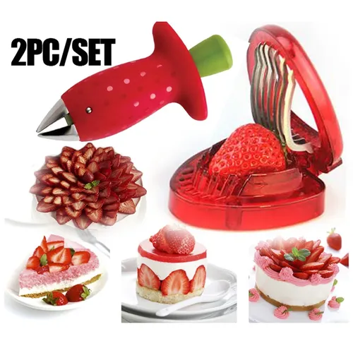 2 teil/satz Küche Obst Gadget Werkzeuge Erdbeere Slicer Cutter Erdbeere Corer Erdbeere Huller Blatt