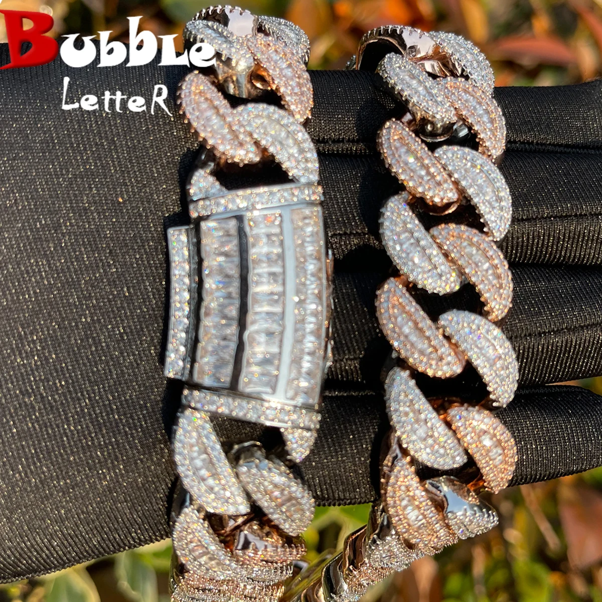 Blase Brief Baguette Cuban Link Kette für Männer Iced Out Prong Einstellung Halskette Halsband Echt Gold Überzog Hip Hop Schmuck