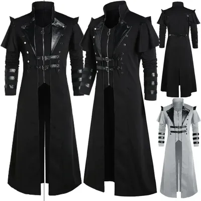Vintage Halloween Mittelalter Steampunk Elfen Piratenkostüm Erwachsene Männer Schwarze lange geteilte Jacke Gothic Rüstung Ledermäntel Image