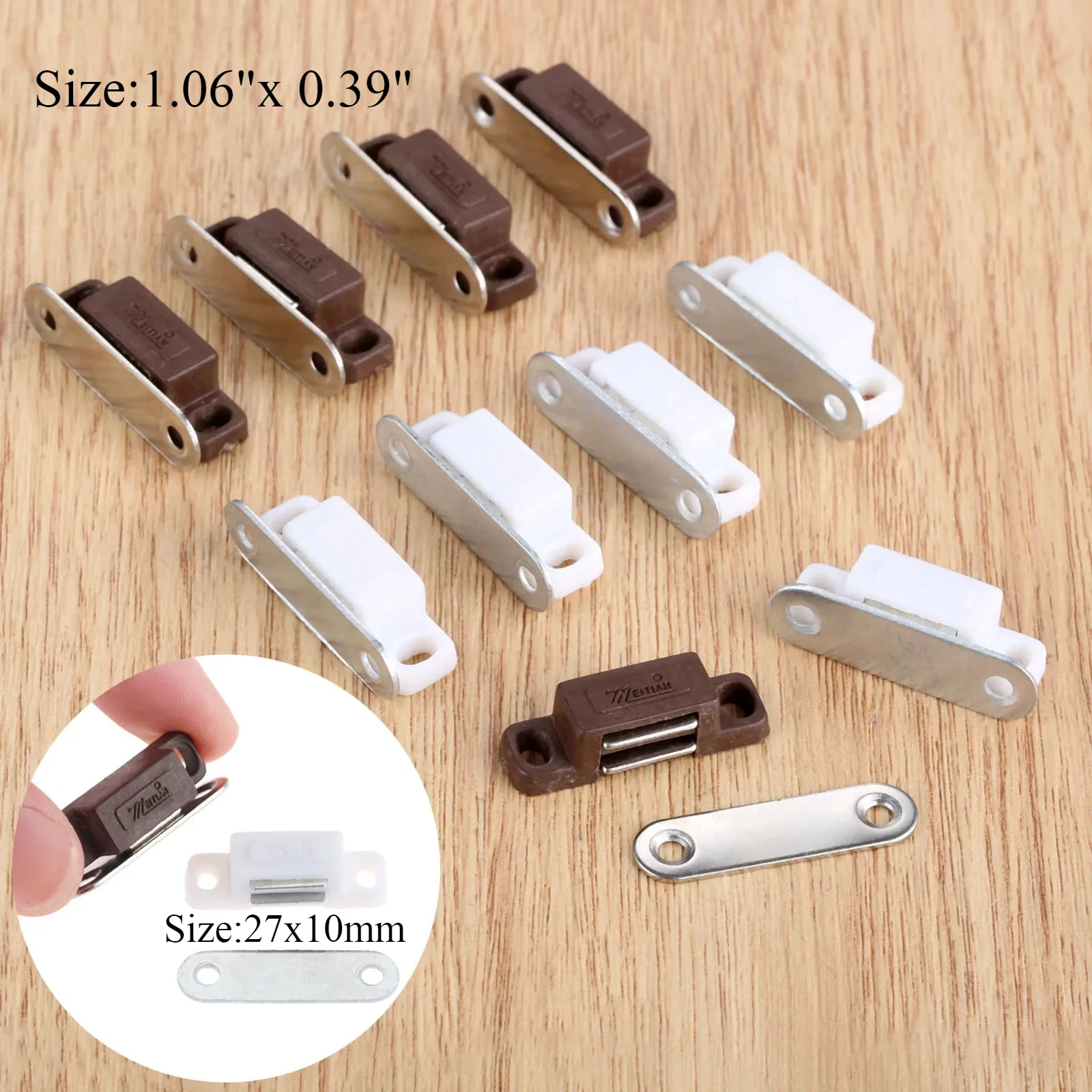 5 Stück magnetische Mini-Türschnäpper für Küchenschrank, Kleiderschrank, Schrank, Weiß, Braun, Schrankbeschläge, 27 x 10 mm/1,06 x 0,39 Zoll Image