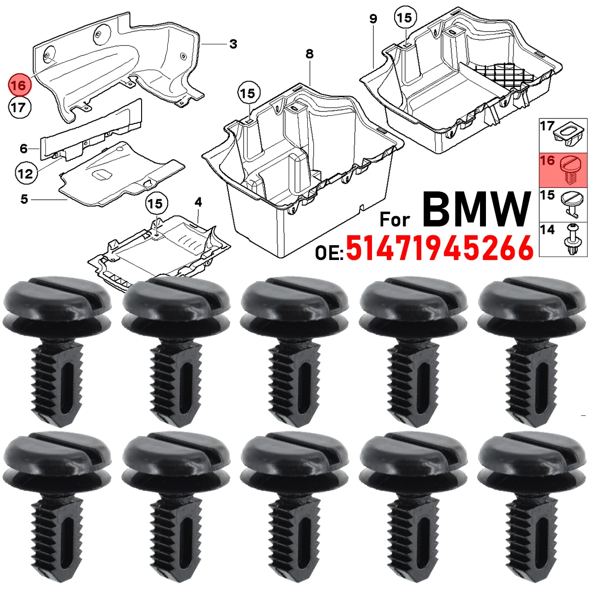 10X Kofferraumdeckel Armaturenbrett Batterieabdeckung Schild Kofferraumfutter Zierclips 51471945266 Für BMW E30 E91 E93 M3 E36 E46 E60 X3 E60 M5 E32 E83 Image