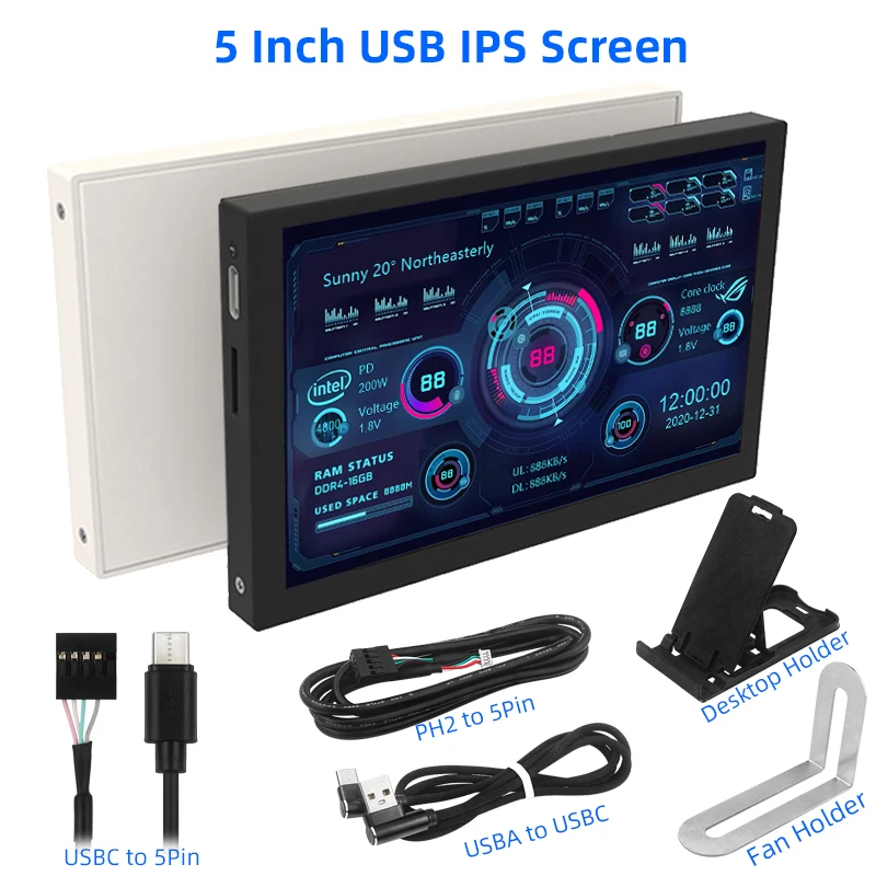 5-Zoll-USB-Typ-C-Display, IPS-Sekundärbildschirm, LCD-Computer, CPU, GPU, RAM, HDD, 800 x 480, USBC, kein HDMI-kompatibler Monitor, kein AIDA64