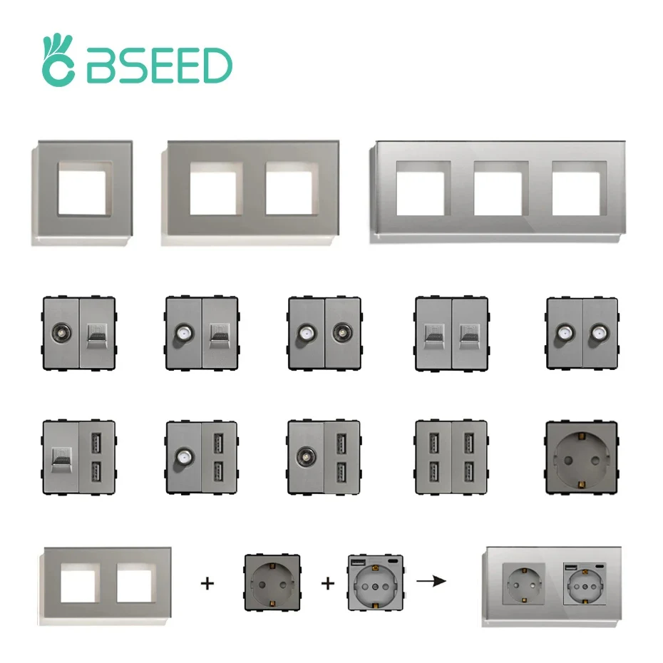 BSEED Wandleuchte Schalter Glasscheibe Teile Grau USB Steckdosen Funktion Teile DIY EU CAT5 TV Steckdosen Steckdose Teile