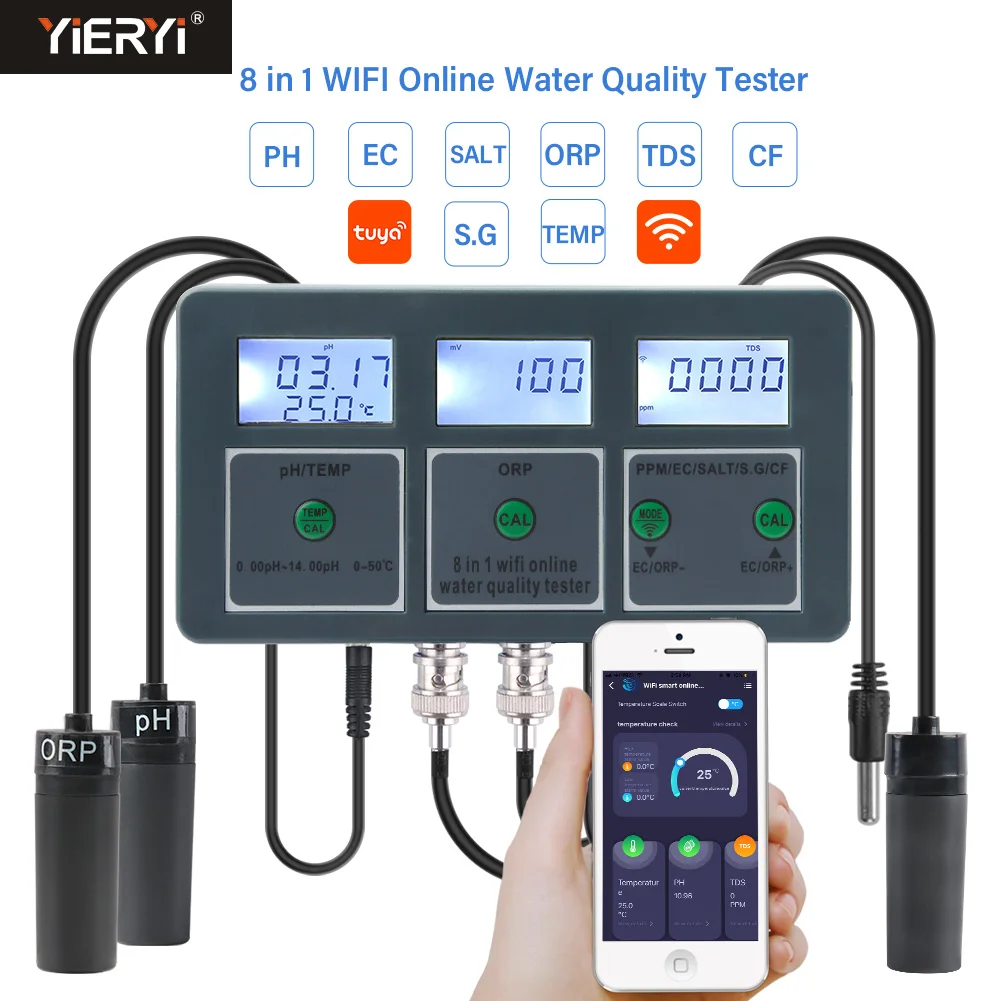 WiFi Tuya Smart PH Meter Datenlogger Temp TDS Salzgehalt S.G. EC ORP Wassertester Monitor Analysator für Aquarien Pool Hydrokultur Image