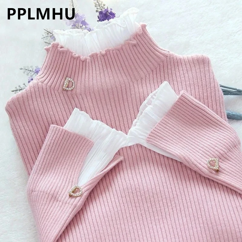 Koreanische Patchwork warme Pullover Frauen elegante Langarm schlanke Roll kragen pullover gestrickt rosa Tops schicke Rüschen Pullover gefälschte 2 Stück