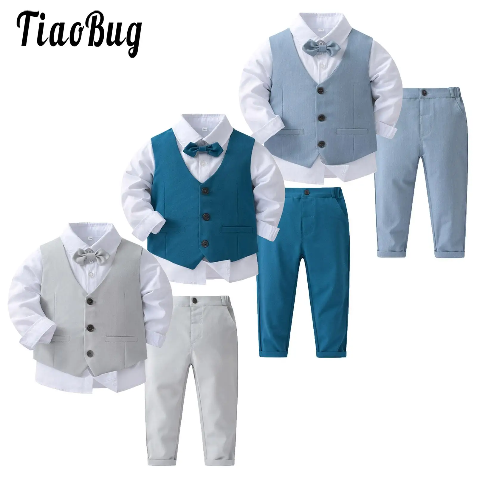 Jungen Anzüge Gentleman Smoking Fliege Hemd Anzug Weste Hosen 4 Stück schicke Kleinkind Baby kleidung Gentleman Outfit für die Taufe Geburtstag Image