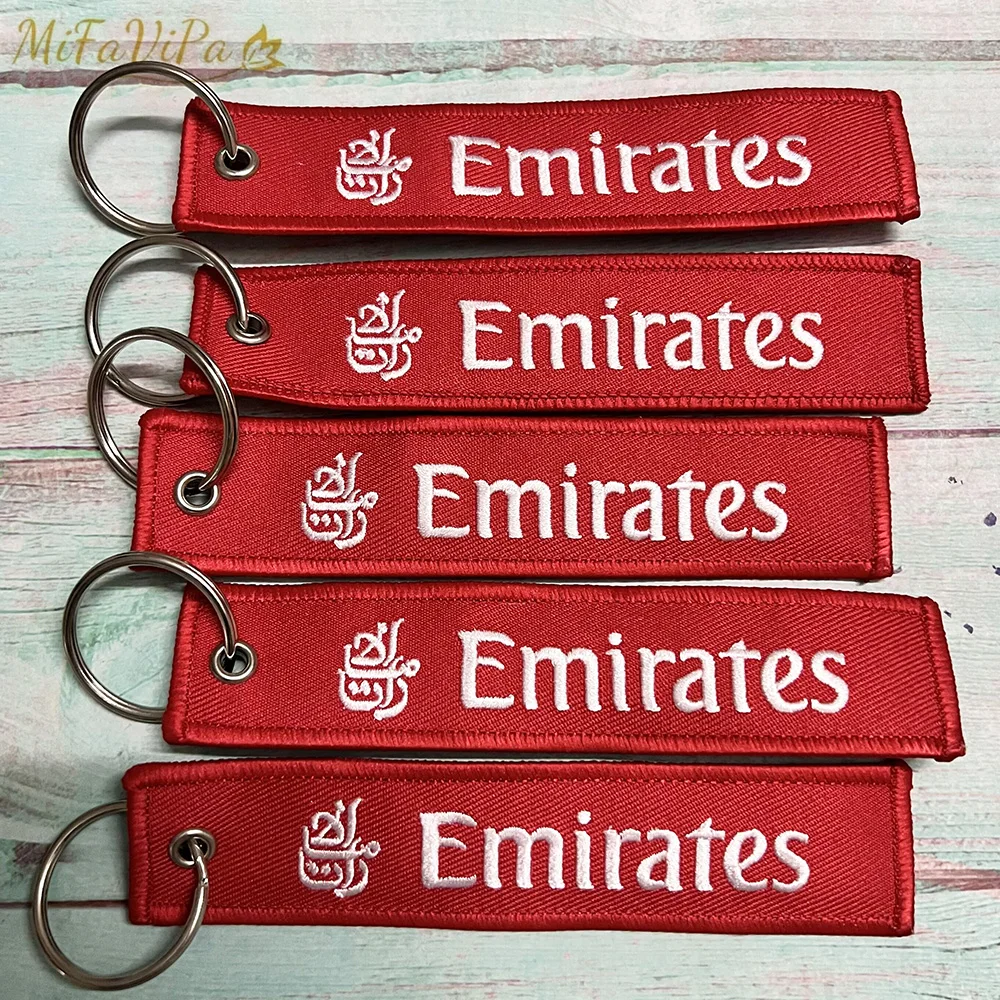 MiFaViPa 5-teiliger roter Schlüsselanhänger der Emirates Airlines, Stickerei, modischer Luftfahrt-Schlüsselanhänger für Piloten, Männer, Geschenk, Flugbesatzung, Gepäckanhänger Image