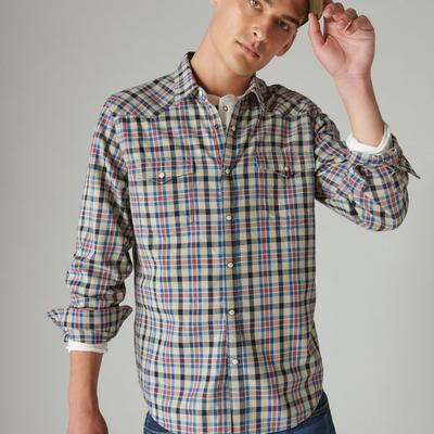 Lucky Brand Indigo Plaid Western Long Sleeve Shirt - Men's Clothing Outerwear Shirt Jackets in Multi Plaid, Size M