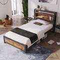 Lit simple 90x200 cm, tête de lit avec rangement, sommier à lattes, cadre de lit en métal, style