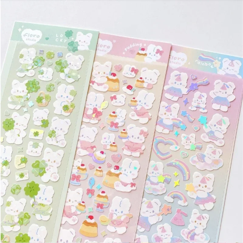 1pc Koreanische Nette Aufkleber Kawaii Bling Bunny Regenbogen Vier-blatt Pudding Aufkleber Wasserdicht Heißer Silber Aufkleber für Student DIY Foto Image