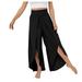 RYRJJ Chiffon Wide Leg Dress Pants for Women Flowy Palazzo Pants Casual Split High Waisted Summer Beach Cropped Trousers with Pocket(Black S)