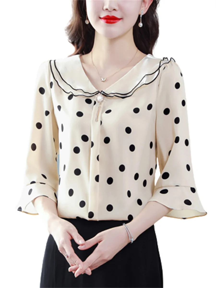 Frauen Frühling Sommer Blusen Shirts Dame Mode Lässig Halbe Hülse Rüschen Kragen Polka Dots Blusas Tops CT0216 Image