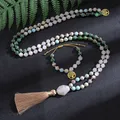 8mm White Jade African Turquoise Emperor Jasper Beads Knotted Japamala Necklace Meditation Yoga
